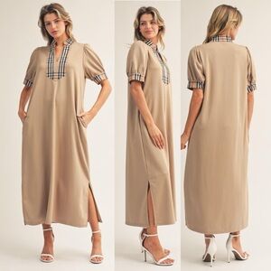 Beige checkered plaid v neck puff pocket boho western ruffle sleeve maxi dress